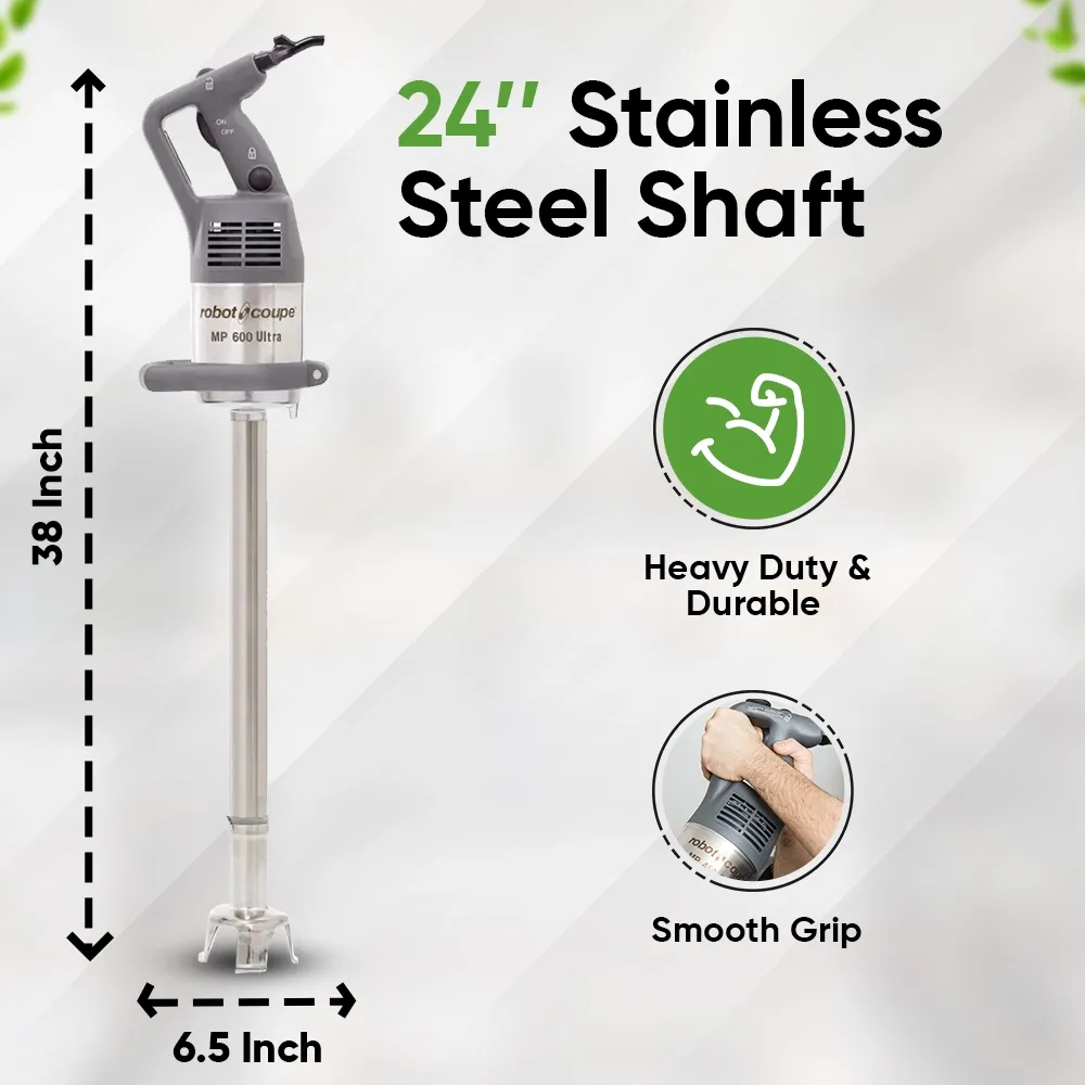Robot Coupe single speed immersion blender with 24 cm shaft for blending soups, purees, smoothies, and sauces in busy commercial kitchens.