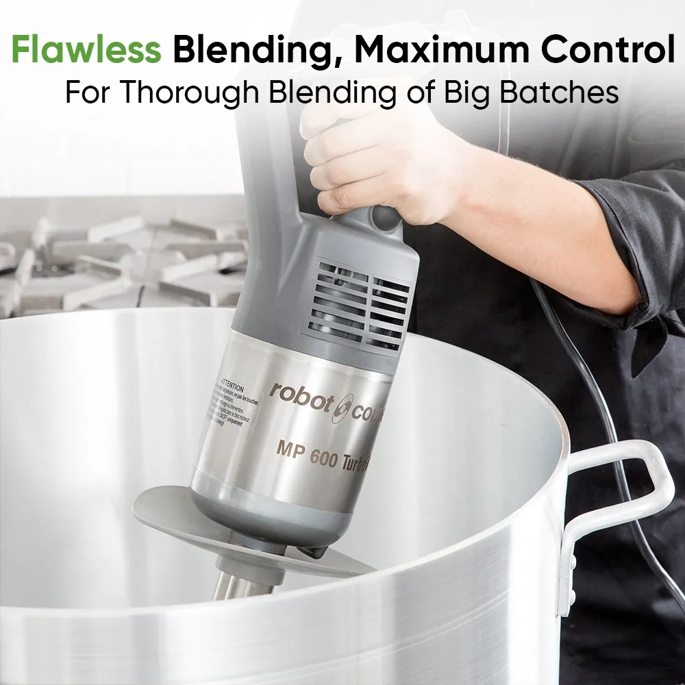 Robot Coupe single speed immersion blender with 24 cm shaft for blending soups, purees, smoothies, and sauces in busy commercial kitchens.