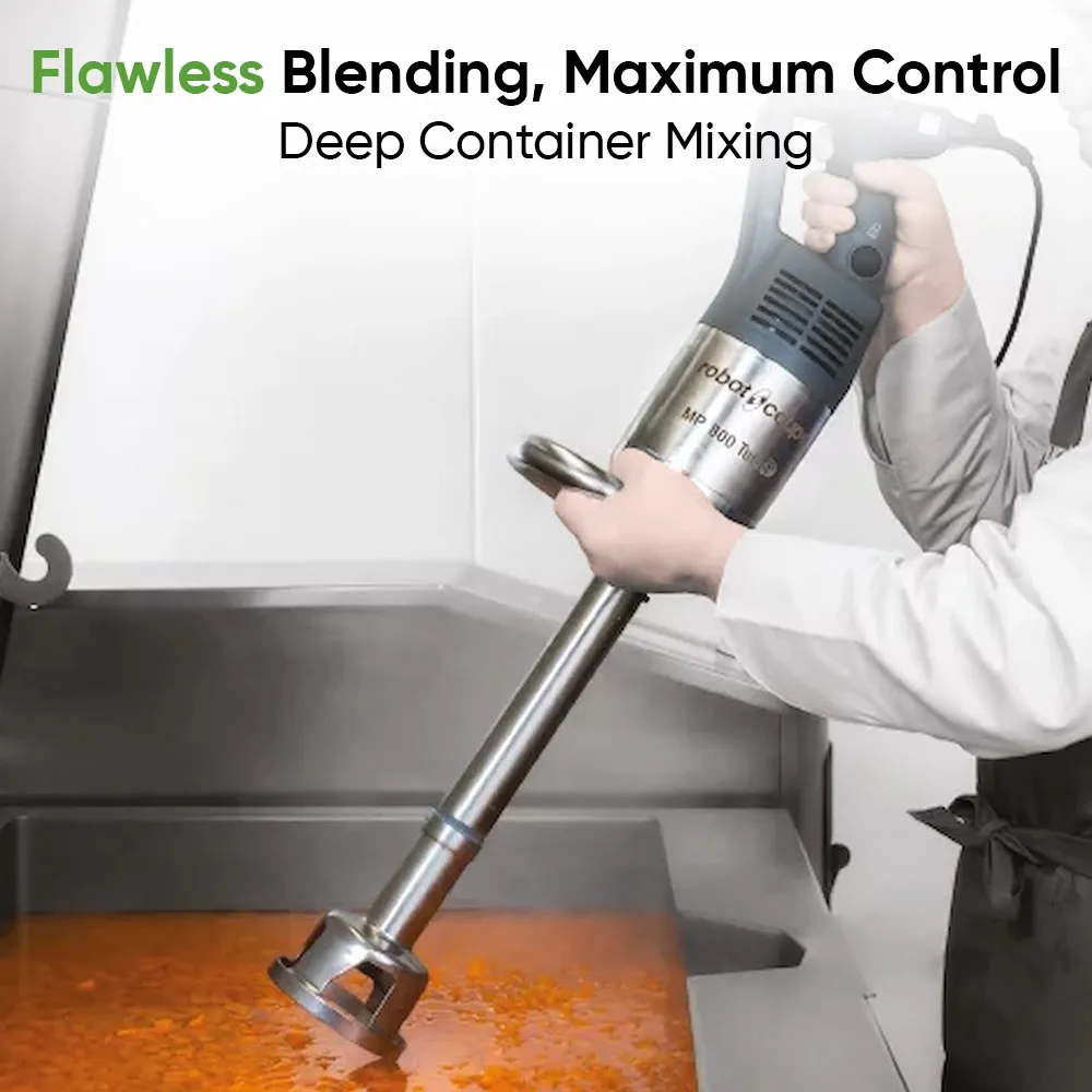 Robot Coupe single speed immersion blender with extra-long shaft and high torque for rapid blending in catering and commercial kitchens.