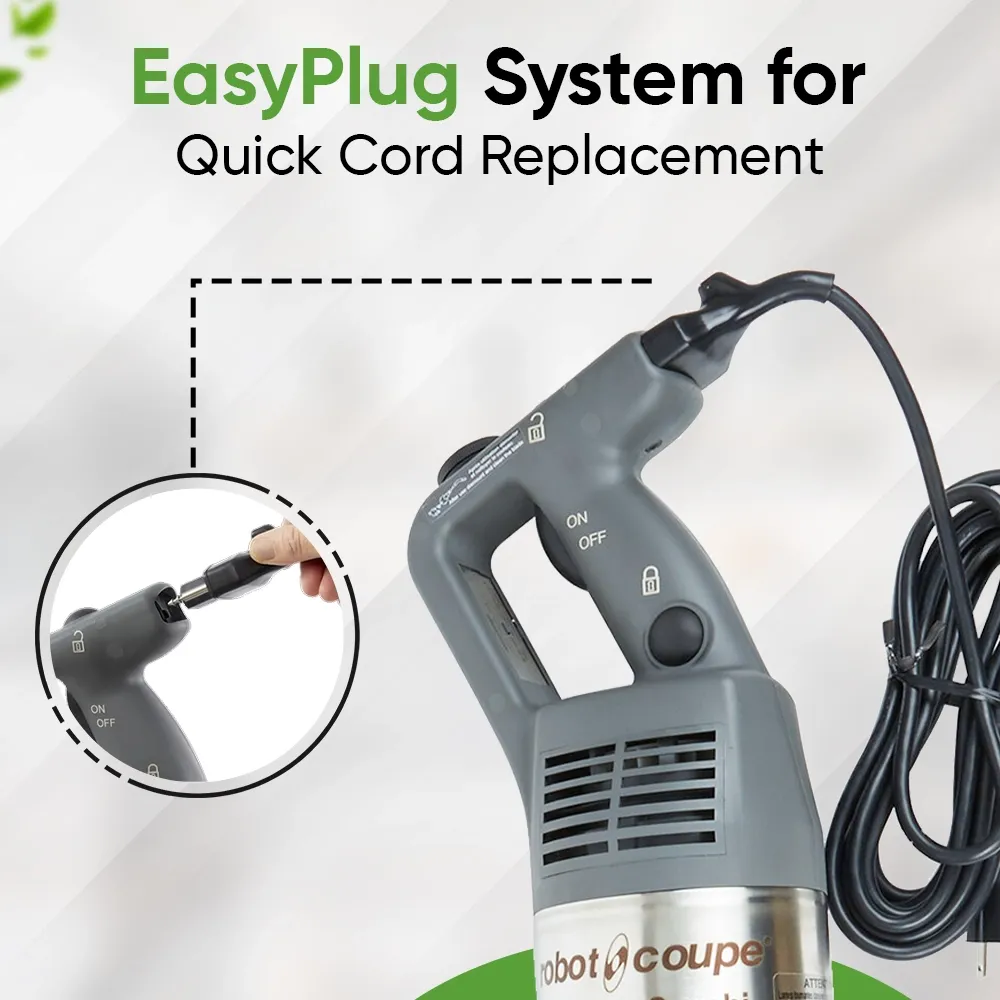 Robot Coupe single speed immersion blender with extra-long shaft and high torque for rapid blending in catering and commercial kitchens.