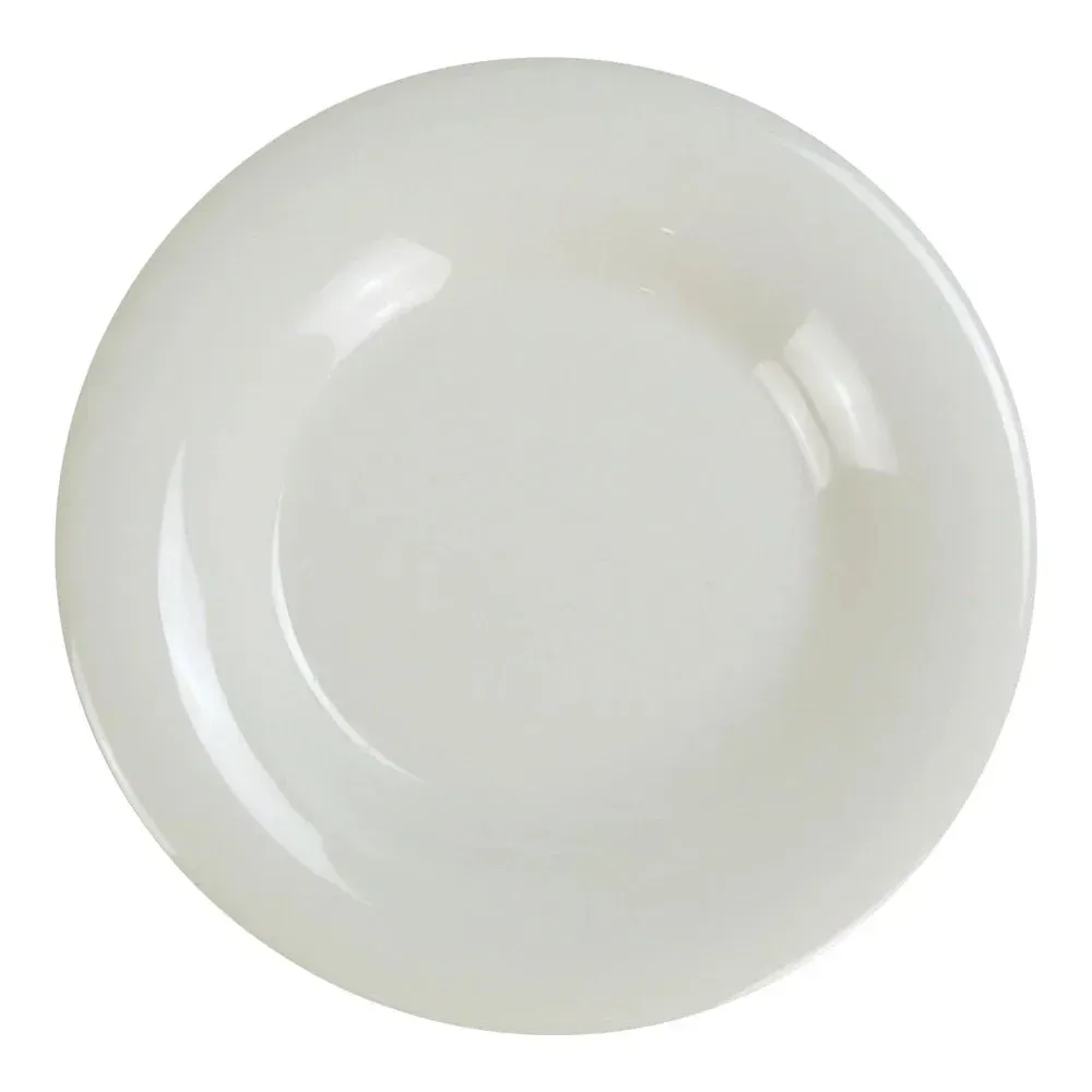 Yanco China warm ivory wide rim round melamine plate brings subtle sophistication to casual dining, with neutral tone complementing culinary styles.