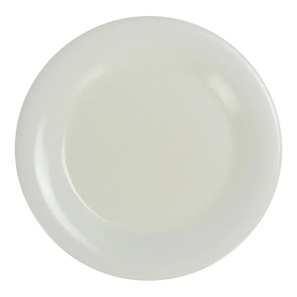 Yanco China soft ivory wide rim round melamine plate, offering timeless elegance traditional settings with commercial-grade durability for daily use.