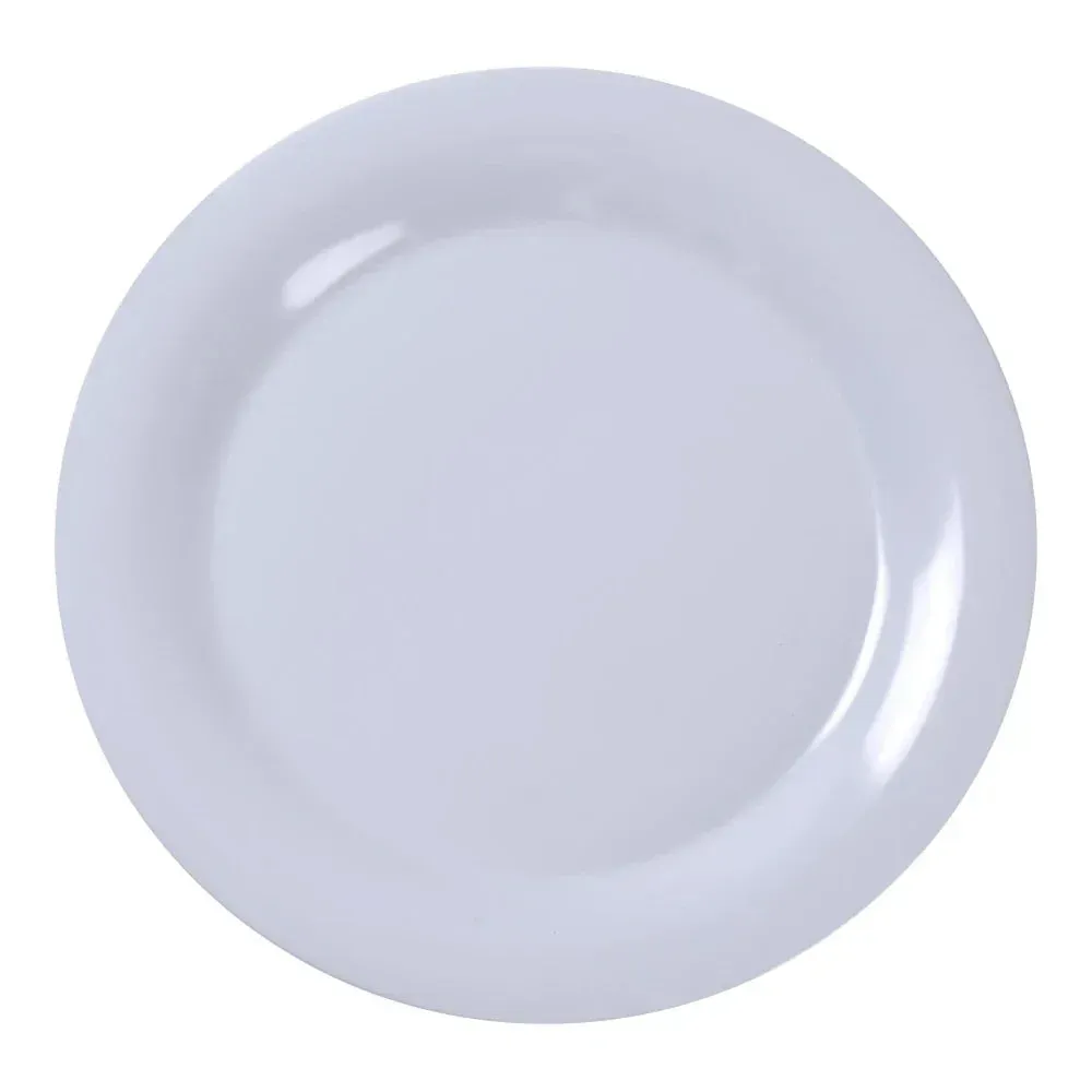 Yanco China crisp white wide rim round melamine plate, perfect for showcasing culinary creations at catered events, restaurants, or buffets.