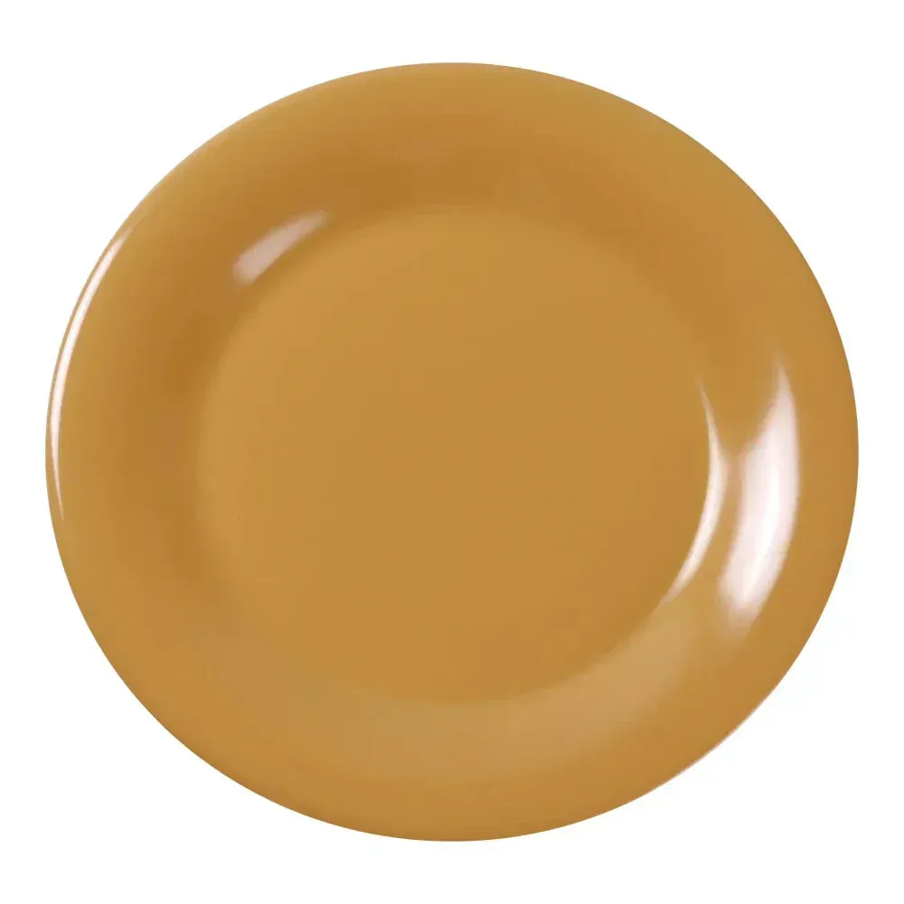 Yanco China sunny yellow wide rim round melamine plate, bringing cheerful warmth to casual dining; lightweight, sturdy, ideal for outdoor service.