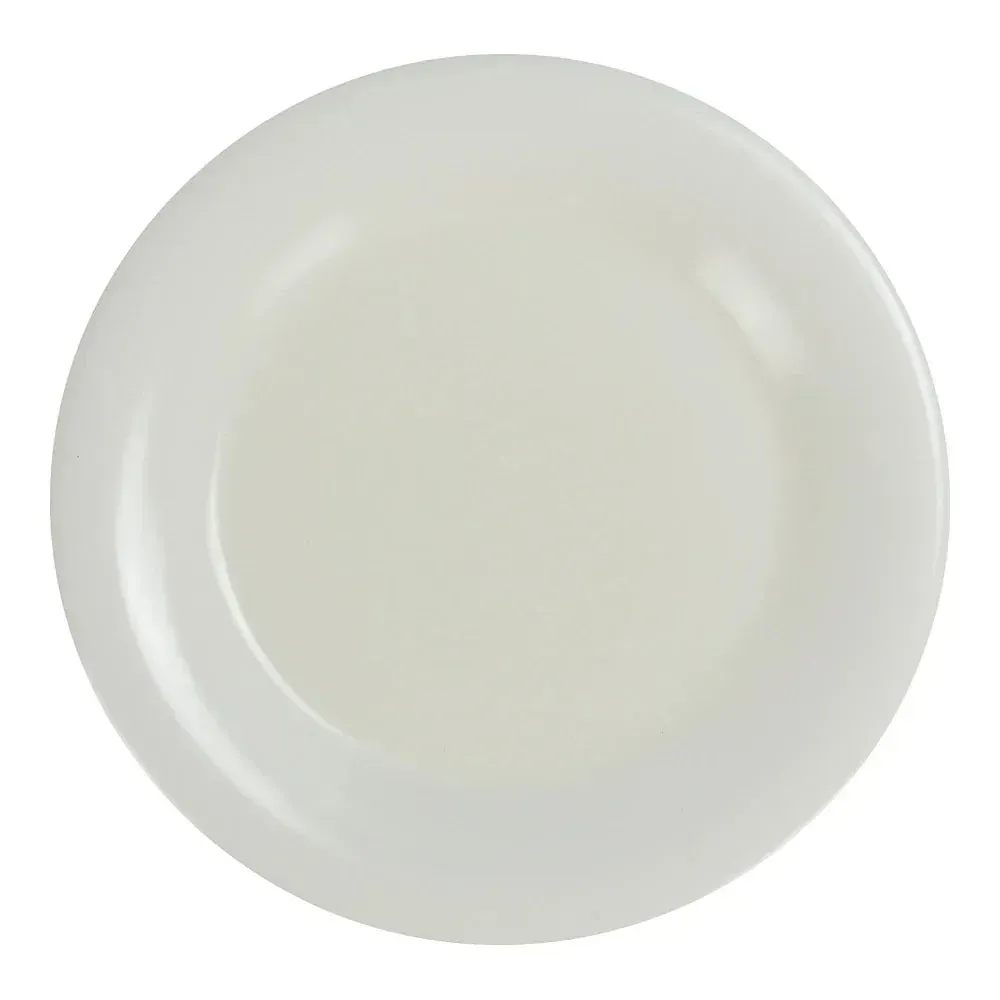 Yanco China classic ivory wide rim round melamine plate with generous plating space for entrees, featuring durable chip-resistant finish for service.