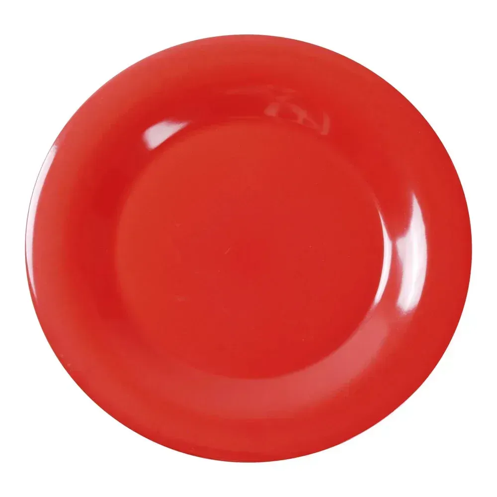 Yanco China orange-red melamine round plate with wide rim, within the Milestone assortment, ideal for vibrant, eye-catching table settings.