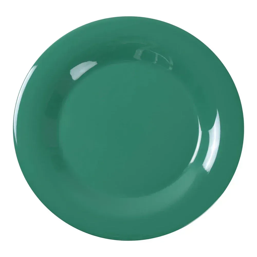 Yanco China green melamine round plate with wide rim, adding fresh vibrancy, ideal for serving meals in cafés, bistros, or home gatherings.