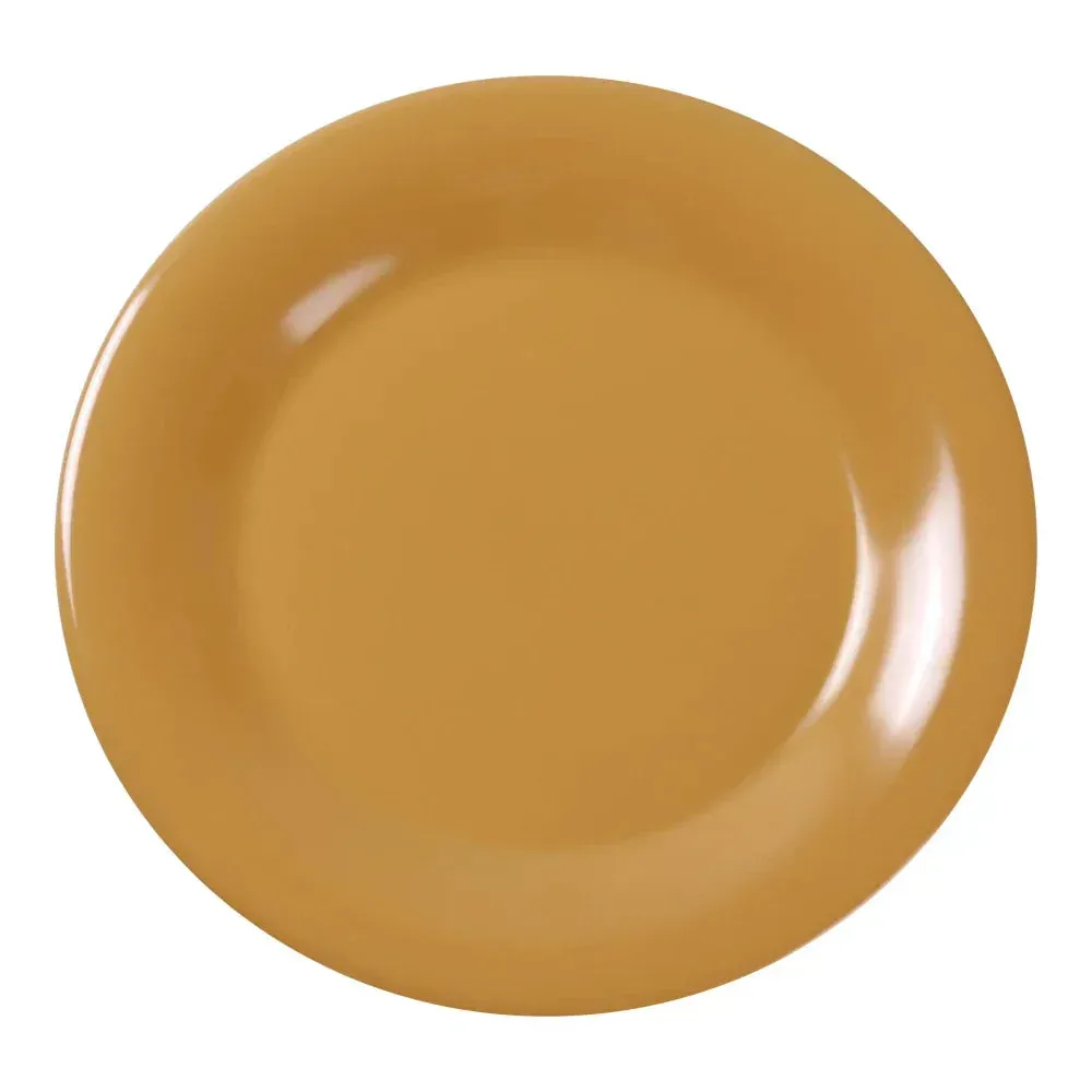 Yanco China yellow melamine round plate with wide rim, perfect for varied dishes, adding cheerful color for restaurants, buffets, or casual dining.