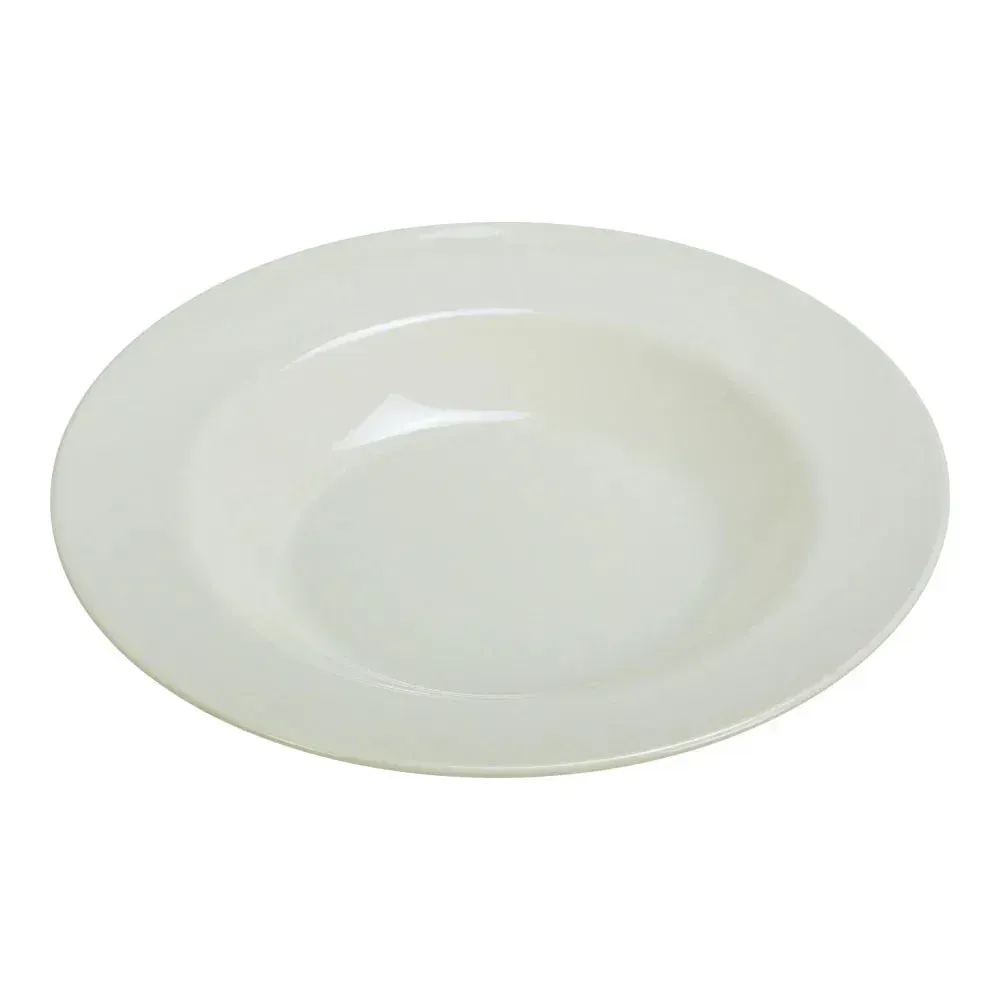 Yanco China white plate with a glossy finish and smooth lines, perfect for highlighting colorful dishes in clean and sophisticated presentations.