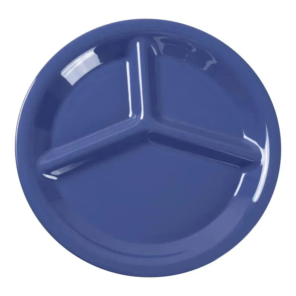 Yanco China blue melamine three-compartment plate, combining cool tones with functional portioning, ideal for organized and stylish dining.