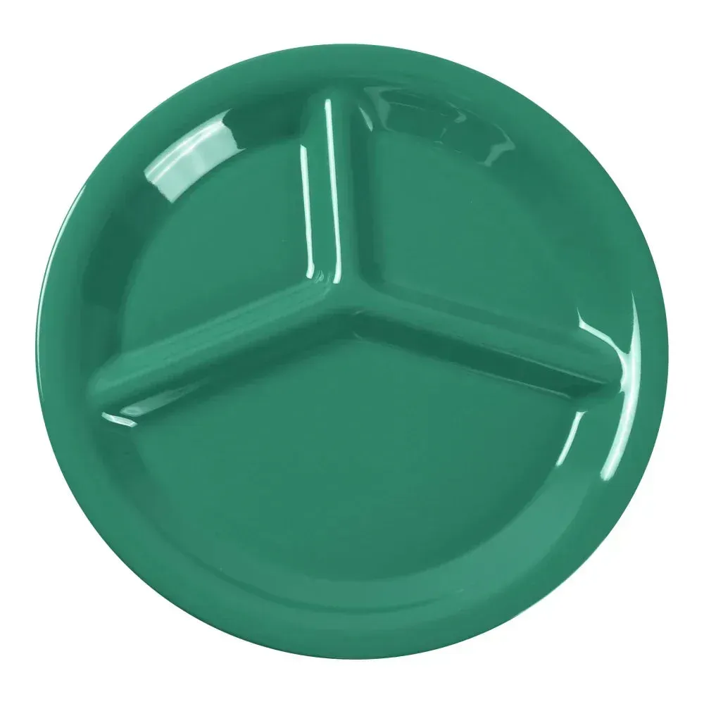 Yanco China green melamine three-compartment plate, vibrant and functional, perfect for schools, cafeterias, or lively dining spaces.