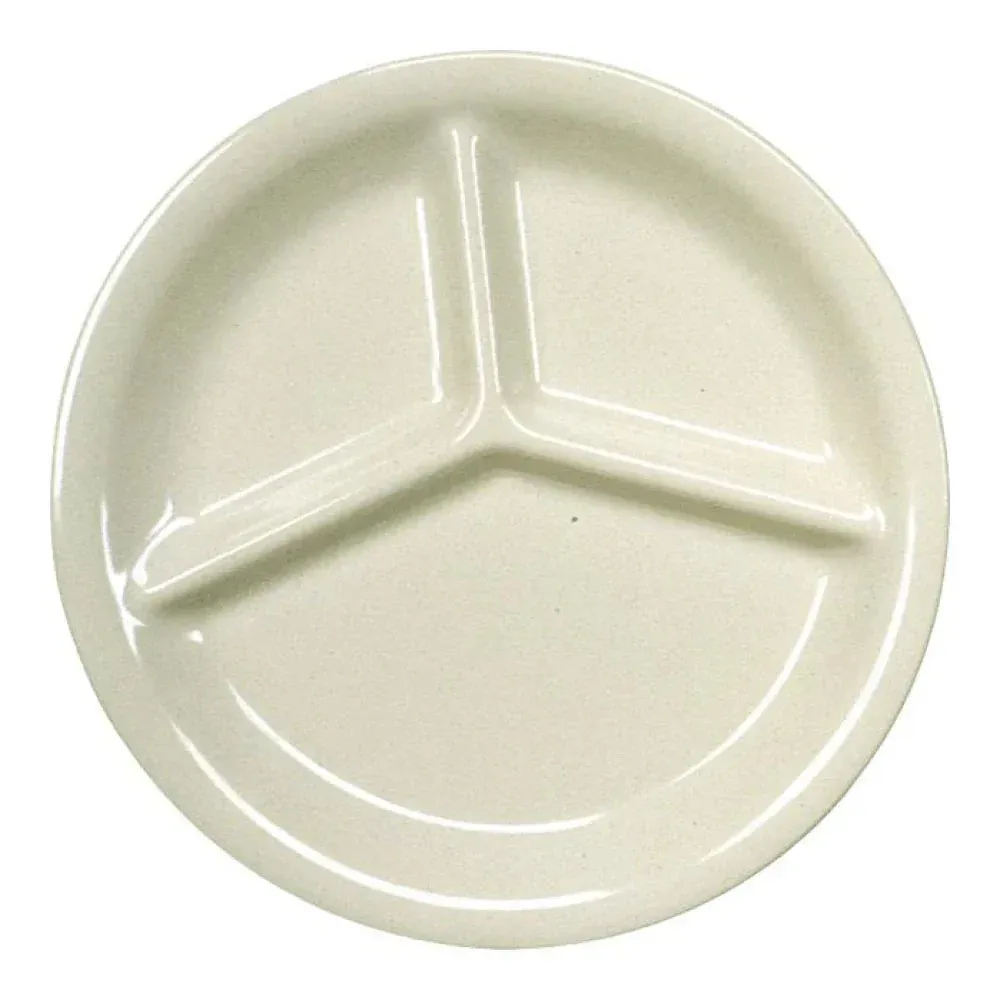 Yanco China ivory melamine three-compartment plate brings a neutral, refined look while keeping foods separate, perfect for elegant or everyday meals.