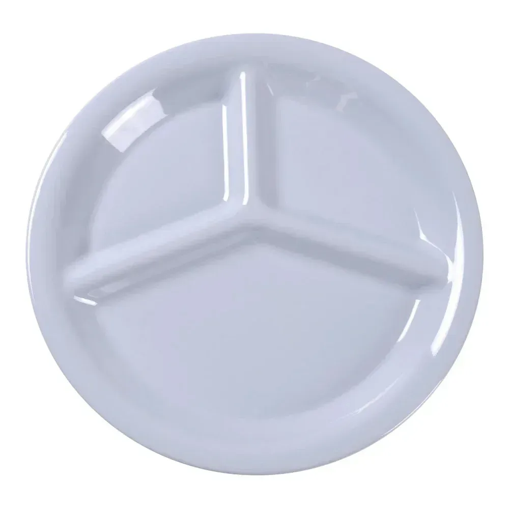 Yanco China white melamine three-compartment plate separates meal portions with ease, offering a clean, professional look for café or restaurant use.