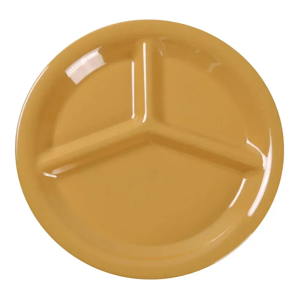 Yanco China yellow melamine three-compartment plate keeps food items separated for neat, organized serving in casual or commercial dining.