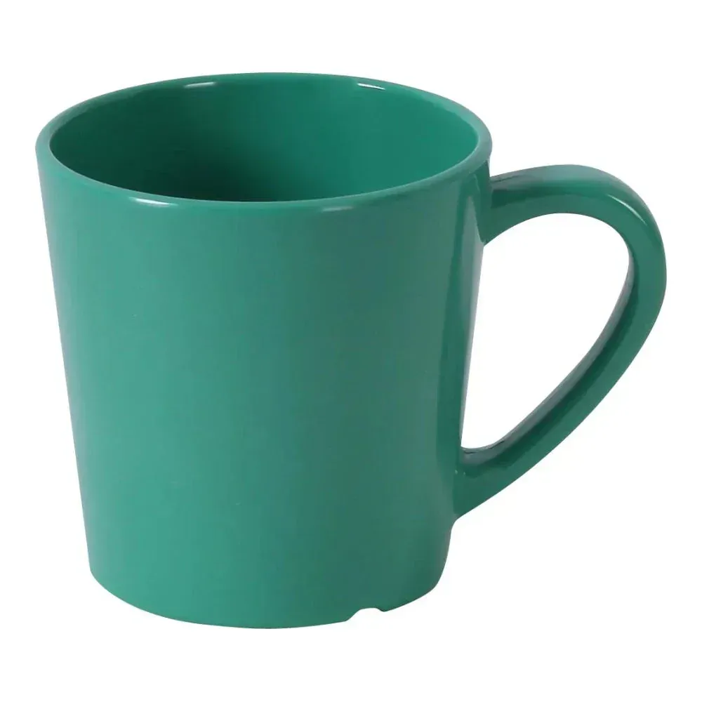 Yanco China green melamine coffee mugs with ergonomic handle, made for sustainable horeca beverage service in commercial dining spaces.