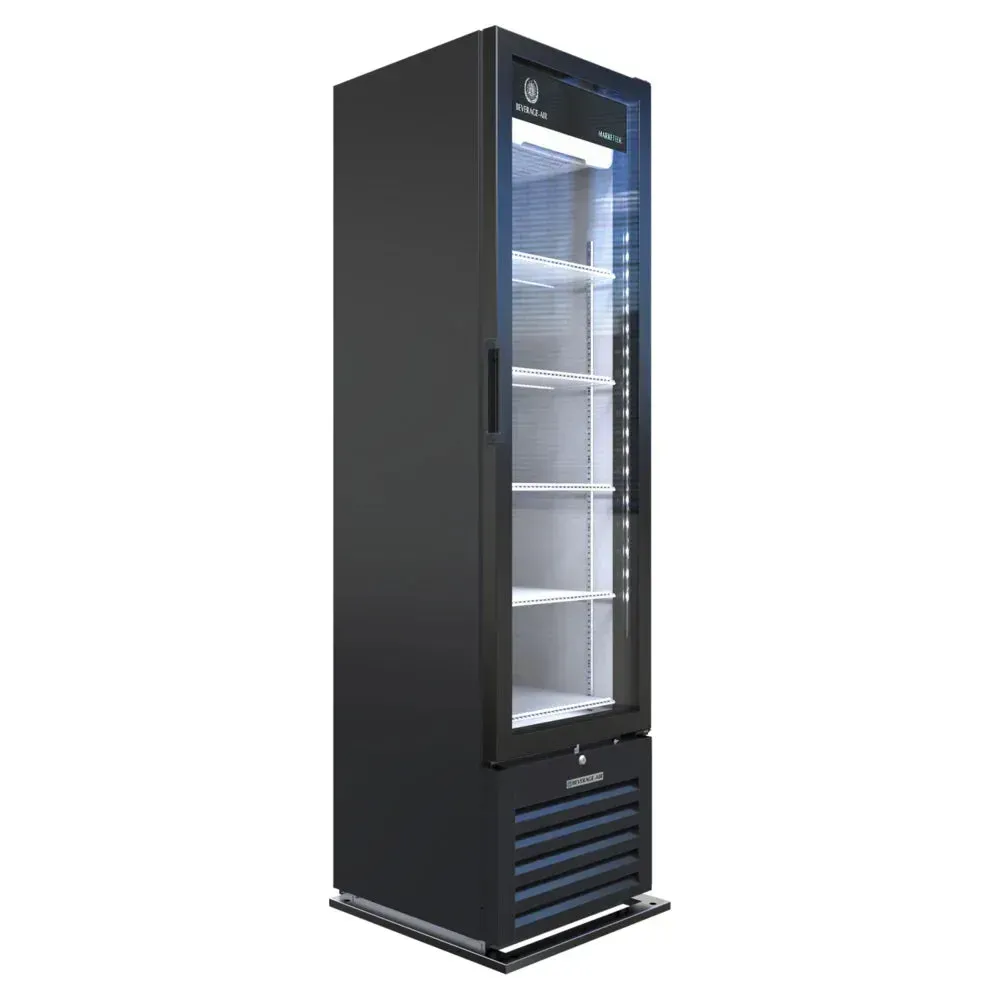 Beverage-Air black glass door merchandiser glowing under bright LED lights, sleek frame, displaying chilled beverages on a retail floor.