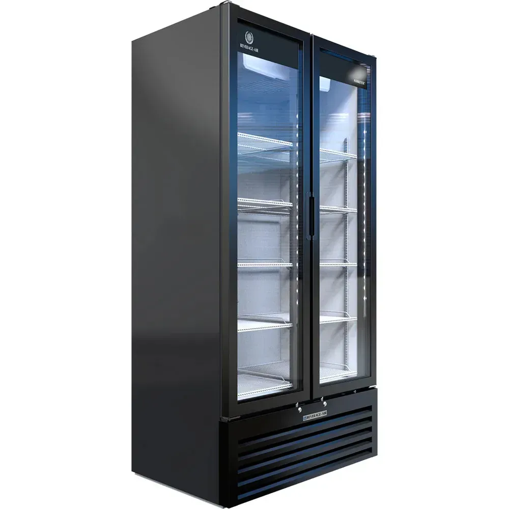 Beverage-Air glass door merchandiser with LED lighting, black exterior, bold display for chilled drinks and ready-to-go items.