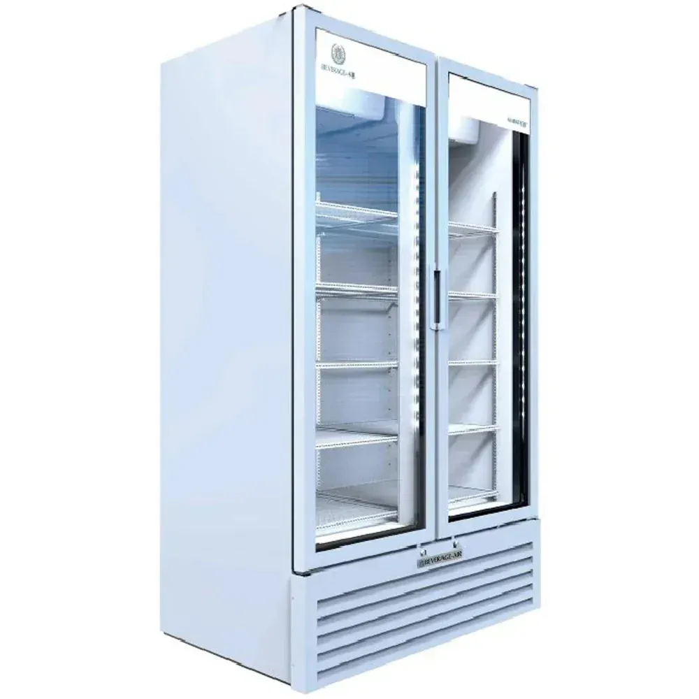Beverage-Air glass door merchandiser with LED-lit interior, white finish, spacious display for beverages and packaged products.