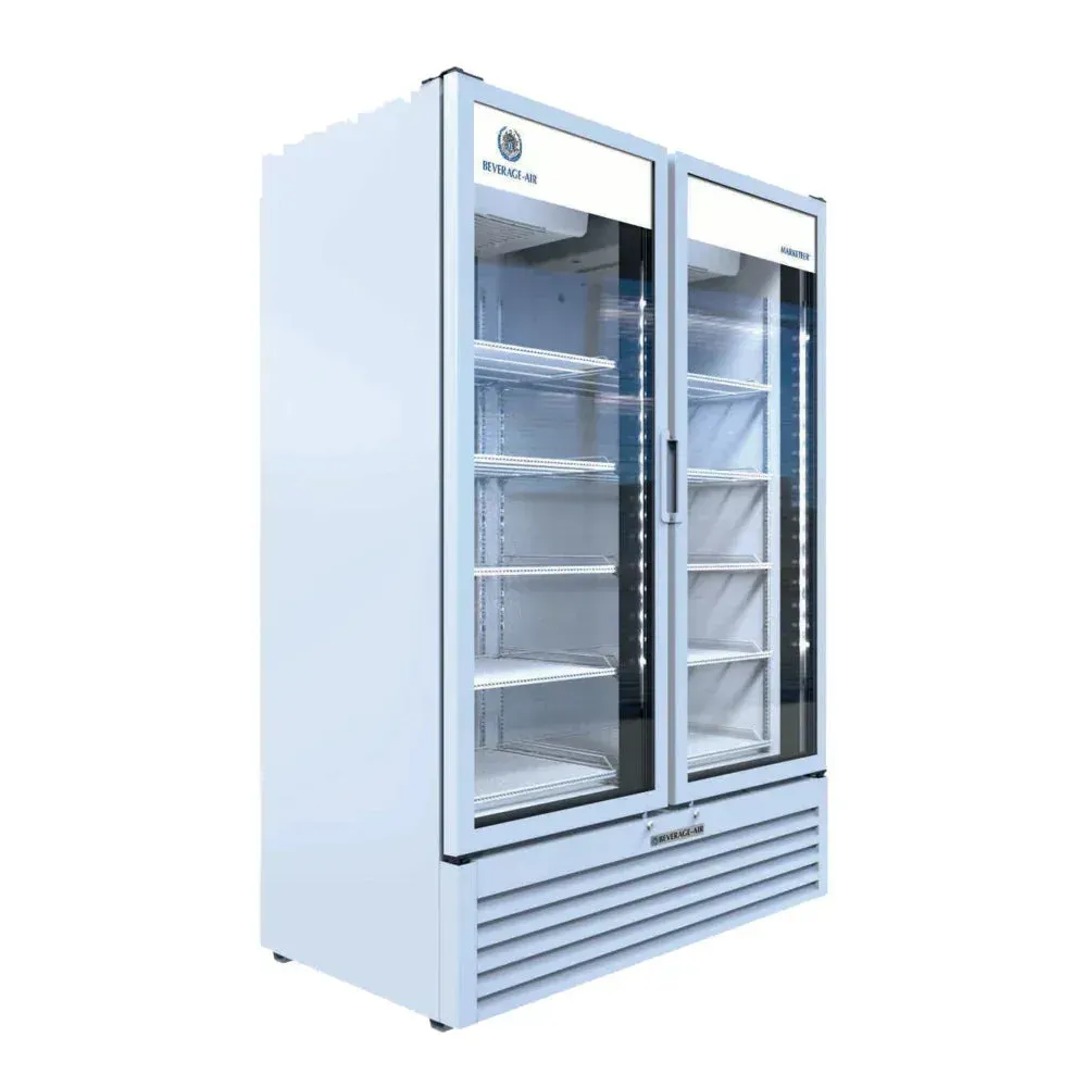 Beverage-Air glass door merchandiser with LED shelves and a white exterior, offering a spacious display for chilled grab-and-go products.