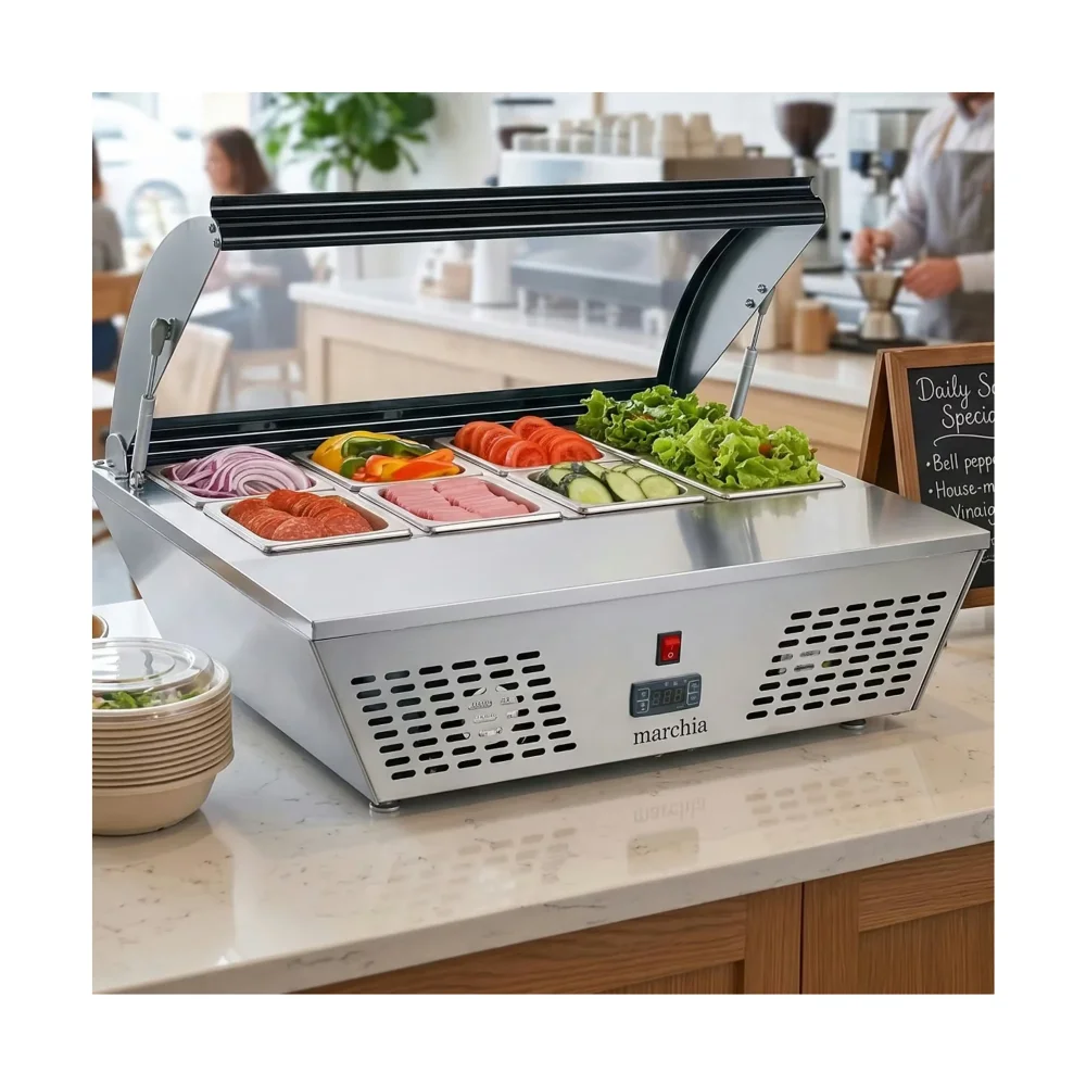 Marchia 30" Stainless Steel Refrigerated Countertop Prep Food Display Case with (8) 1/6 Pans, 1 Year Warranty