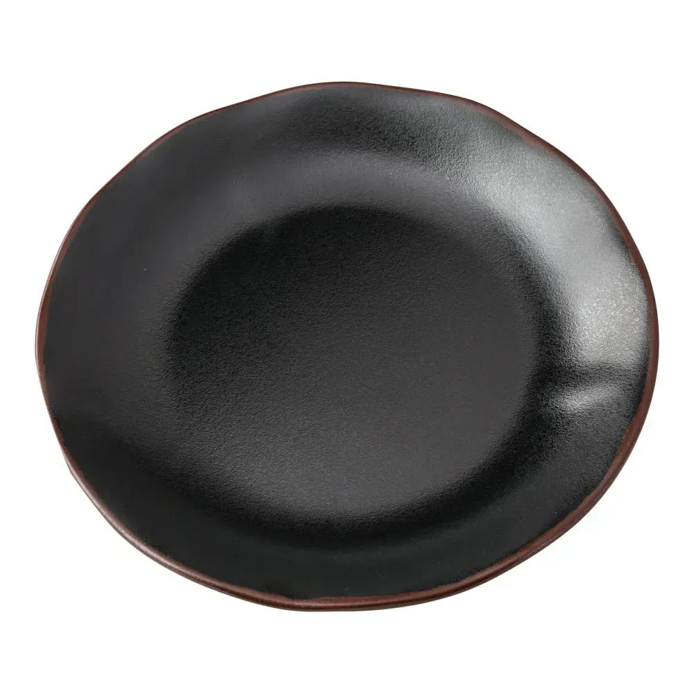 Yanco China black melamine round bread and butter plate set with compact size, sturdy build, and sleek design for sides or small portions.