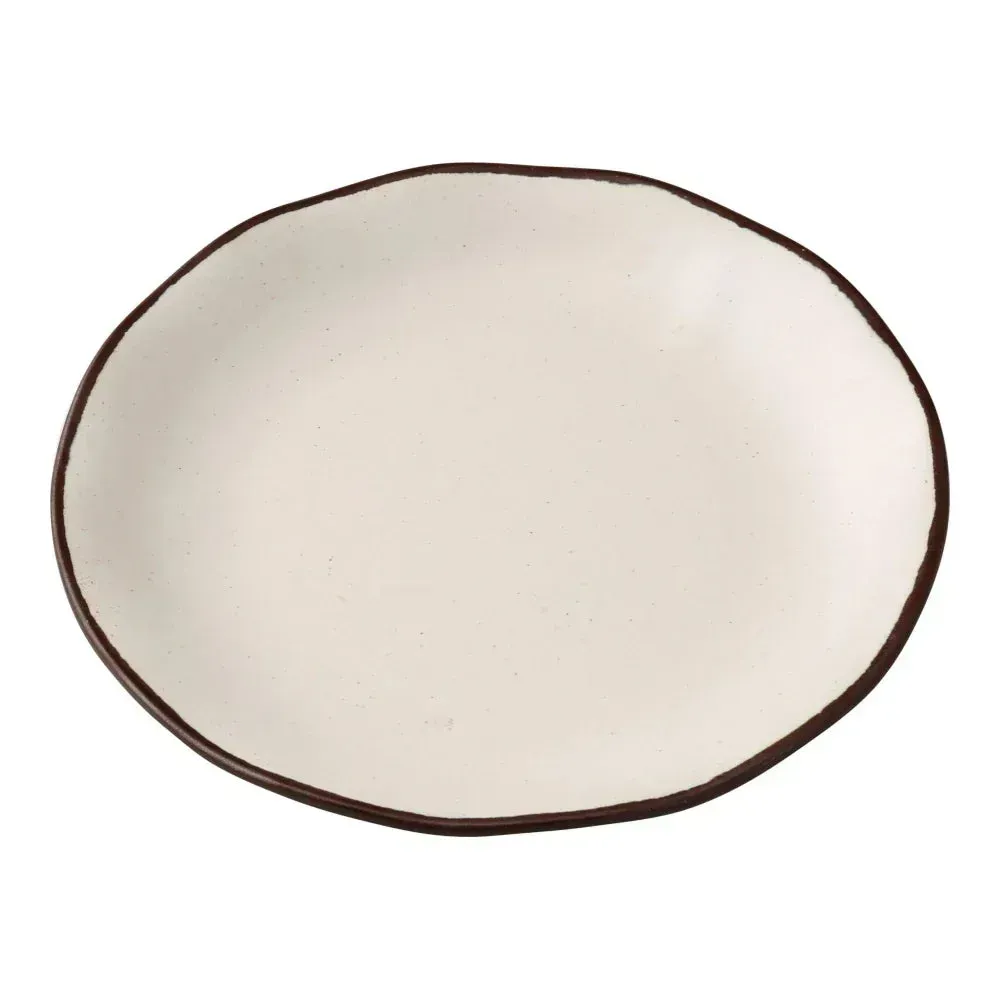 Yanco China white melamine round dinner plate with simple design, ideal for daily use and special dining events in various food settings.