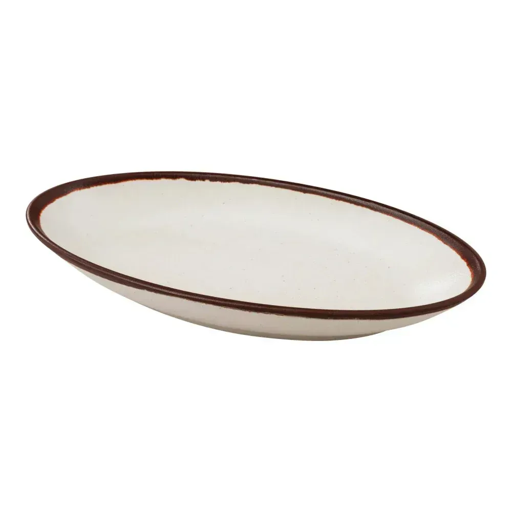 Yanco China white melamine oval plate with durable lightweight design, great for appetisers, snacks, and desserts in any dining setting.