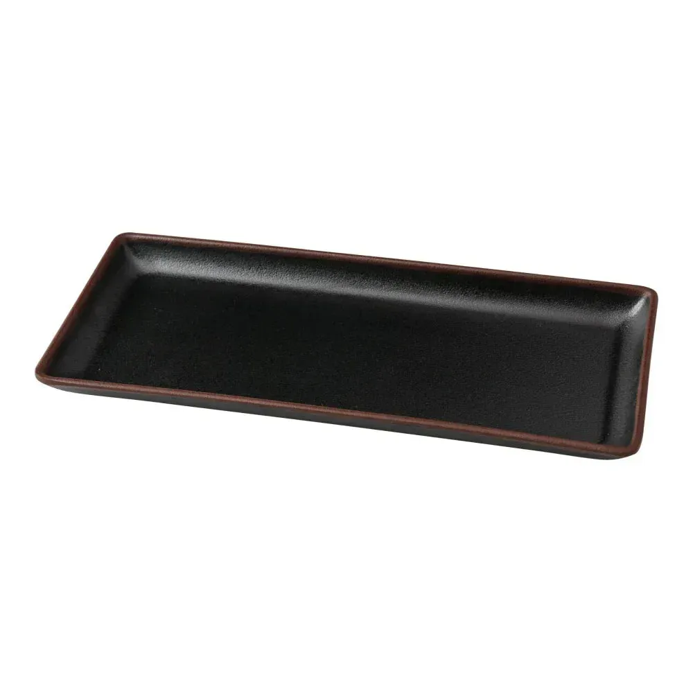 Yanco China black melamine rectangular display plate for serving starters, snacks, or plated desserts with glossy, elegant black style.