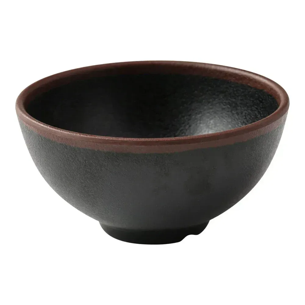 Yanco China black melamine round rice bowl with smooth finish, durable body, and balanced form for serving warm or chilled menu offerings.