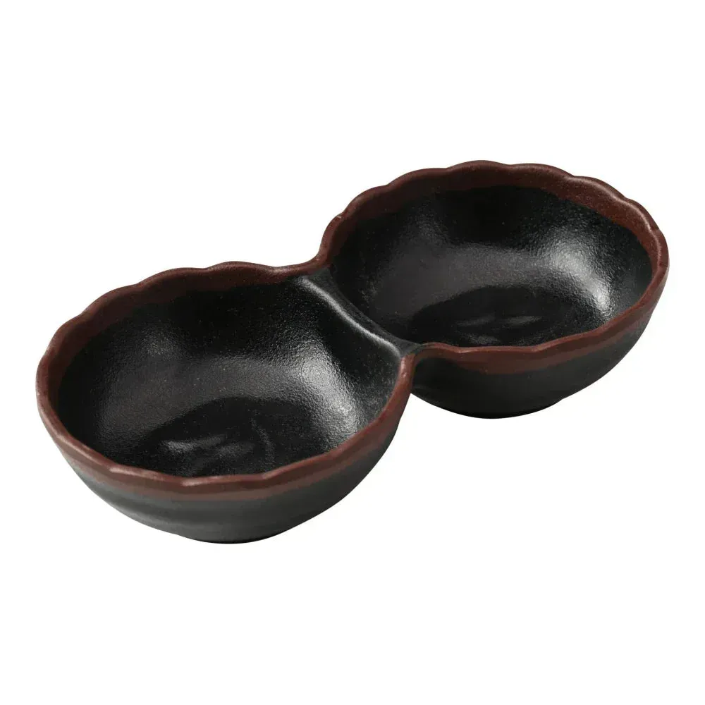 Yanco China black melamine two-section divided sauce dish for dips, sauces, or condiments, offering neat presentation in dining settings.