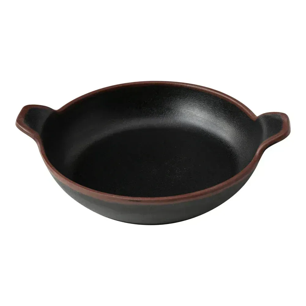 Yanco China black melamine round divided sauce dish with handle, designed for serving multiple condiments neatly during meals or tastings.