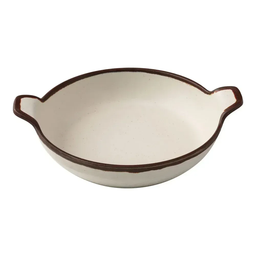 Yanco China white melamine bowl with handle, deep shape, and durable design, ideal for hot soups, broths, or individual serving portions in dining.