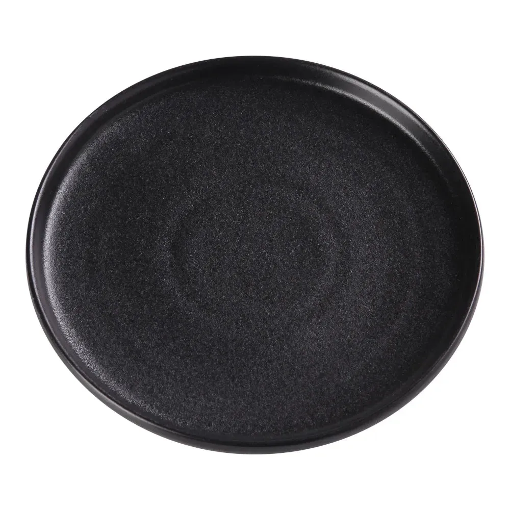 Yanco China thirty-six medium black round plates with upright rim, suited for contemporary buffet service or banquet table presentation in horeca.