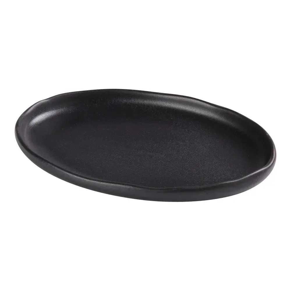 Yanco China twelve stylish black oval dinner plates with understated elegance, designed for upscale restaurant and fine dining in horeca.