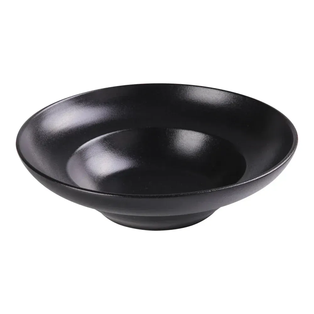 Yanco China deep black chinaware Mediterranean bowl, perfect for hotel salad entrées, restaurant grain bowls, or café hummus platters.