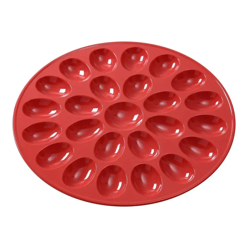 Yanco China vibrant red melamine egg holder presenting two dozen deviled eggs for hotel brunch buffets, restaurant catering, and café party spreads.