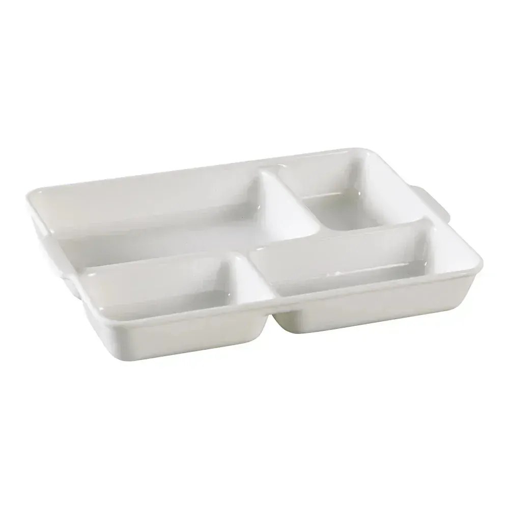 Yanco China classic white melamine four-compartment plate designed for hotel breakfasts and cafeterias, keeping entrees and sides neatly separated