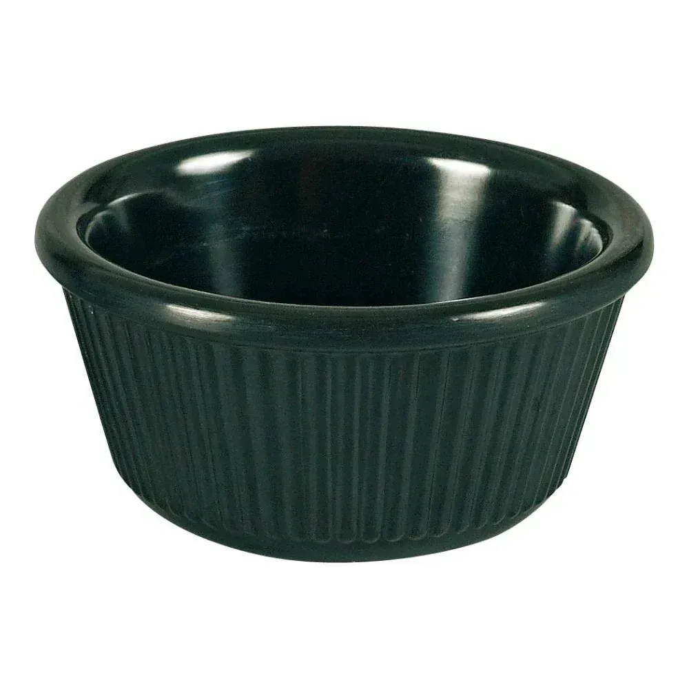 Yanco China tiny black fluted melamine ramekin for hotel mustard, restaurant hot sauce, and café condiments; durable, stackable, storage-saving