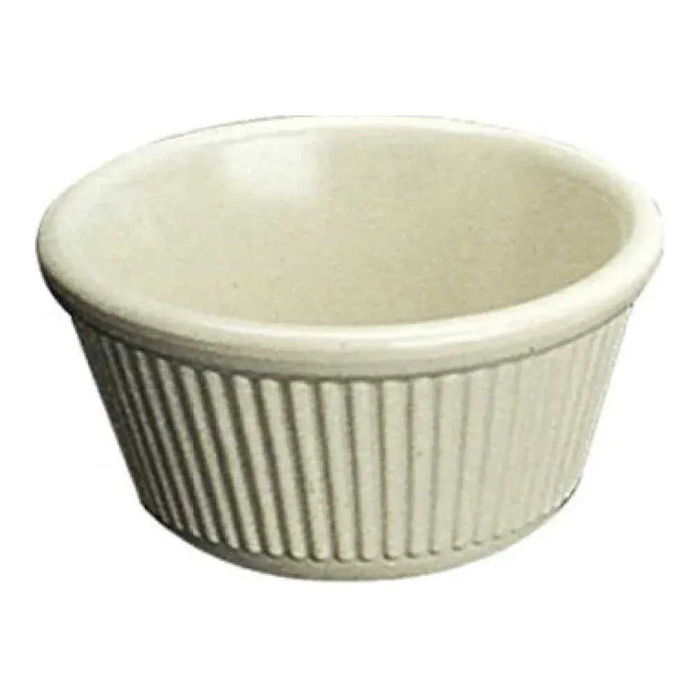 Yanco China dainty white fluted melamine ramekin for hotel butter curls, restaurant jam tastings, and café amuse-bouche; stackable, easy clean