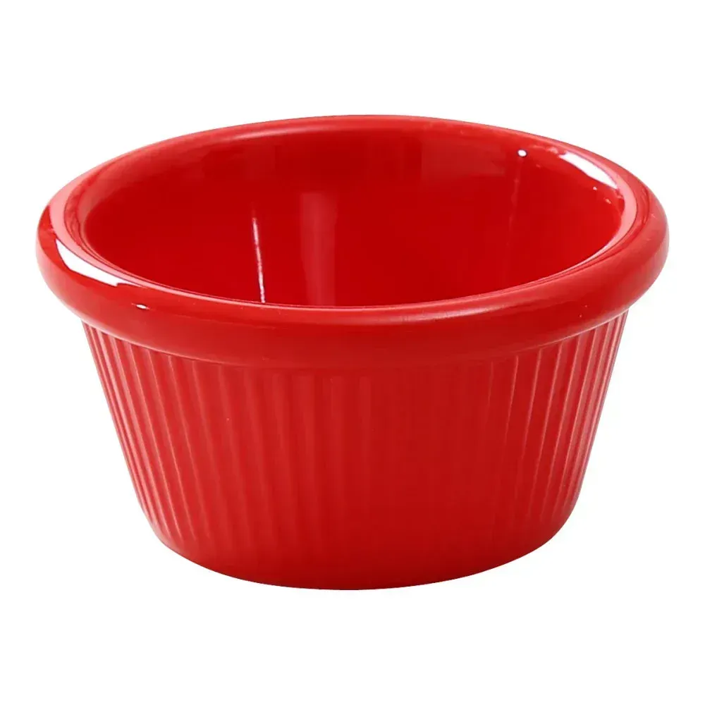 Yanco China bright red fluted melamine ramekin adds color to hotel spreads, restaurant salsa flights, and café tasting menus; stackable, easy clean