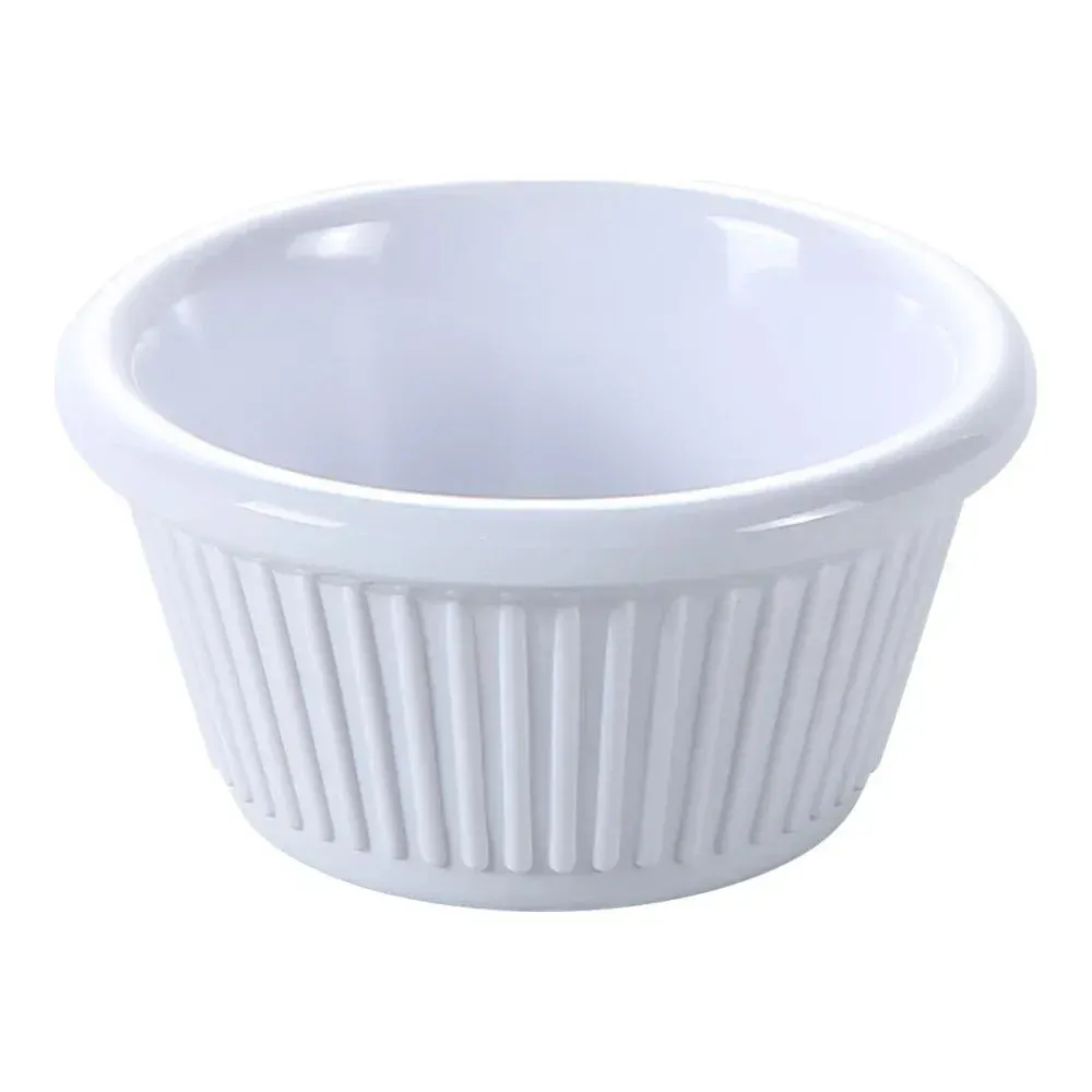 Yanco China petite white fluted melamine ramekin for hotel butter pats, restaurant garnishes, and café mini desserts; durable, stackable, space-saving