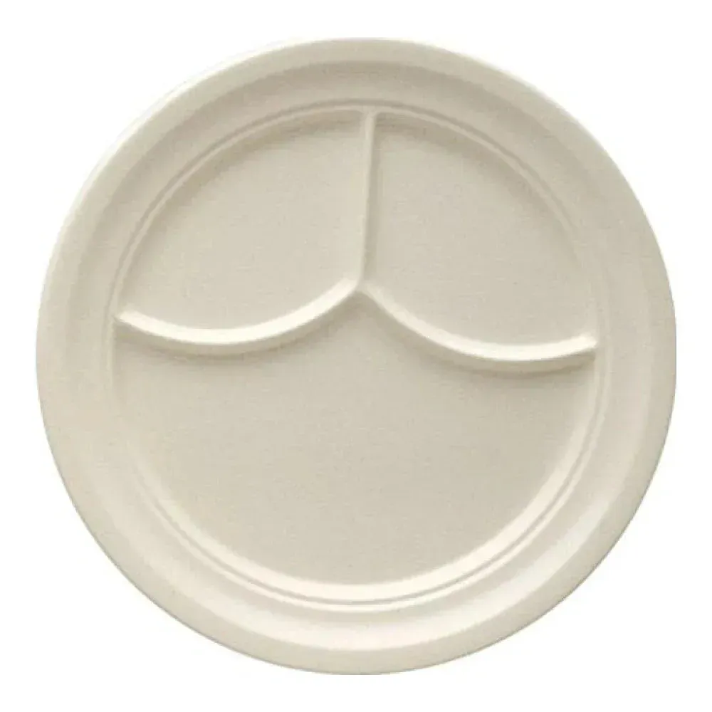 Yanco China round ivory 3-compartment melamine plate, ideal for hotel senior menus, restaurant diet plates, or café combo lunch strong and stackable.
