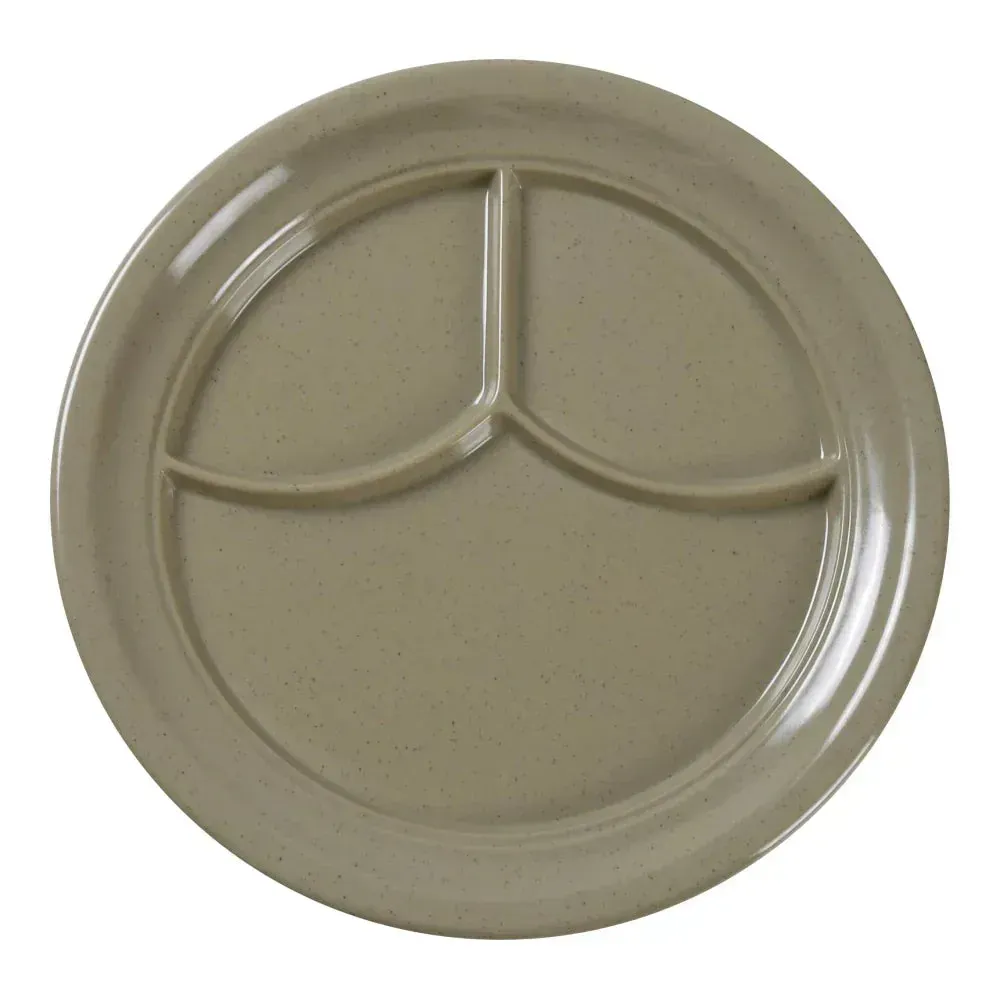 Yanco China round sand 3-compartment melamine plate for hotel breakfasts, restaurant salad-protein combos, and café bowls; durable, space-saving