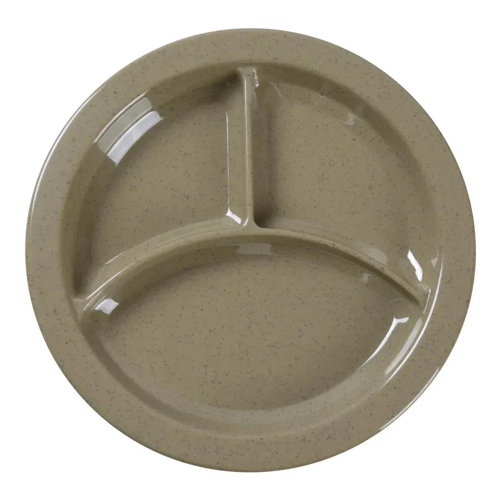 Yanco China sand 3-compartment melamine plate with beveled foot, ideal for hotel lunches, kids menus, and café dining; sturdy and lightweight.