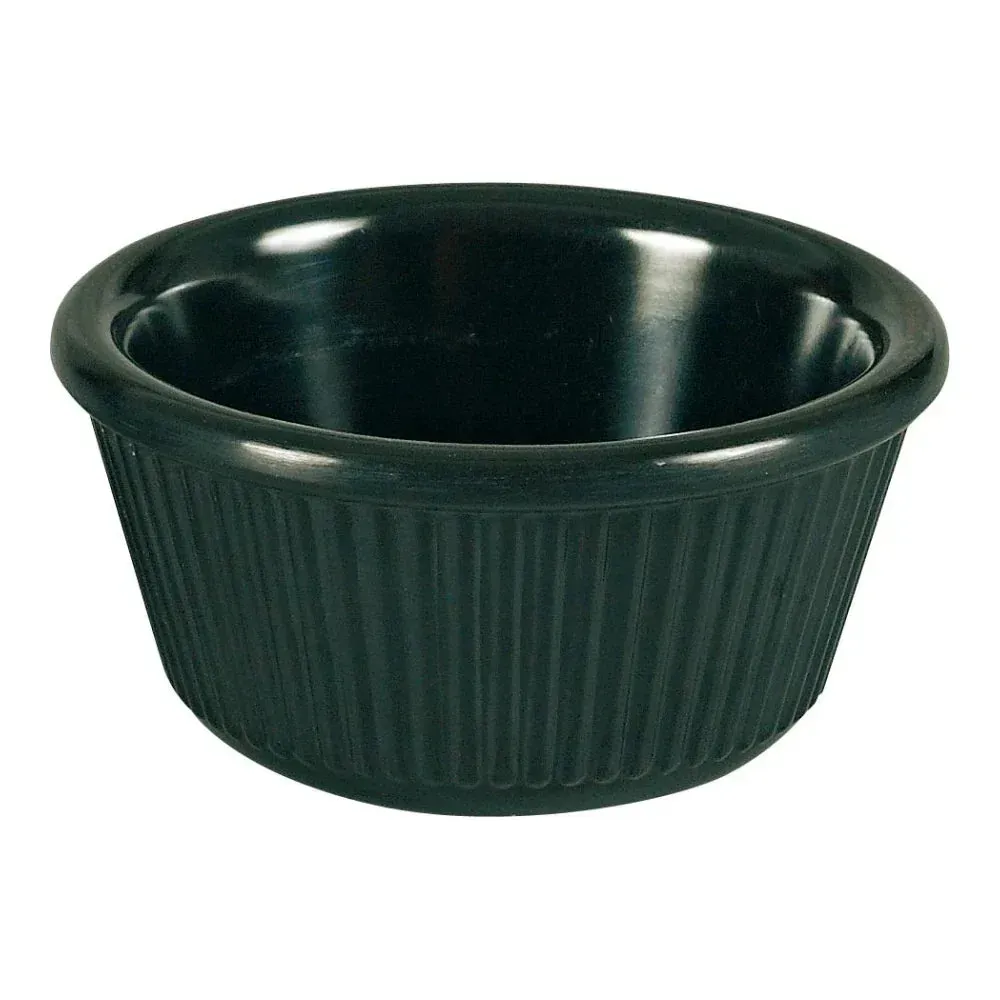 Yanco China bold black fluted melamine ramekin for hotel wasabi, restaurant tapenade, and café desserts; sleek, stackable, professional kitchen use