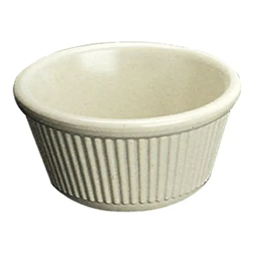 Yanco China crisp white fluted melamine ramekin for hotel parfaits, restaurant custards, and café coulis; stackable and efficient
