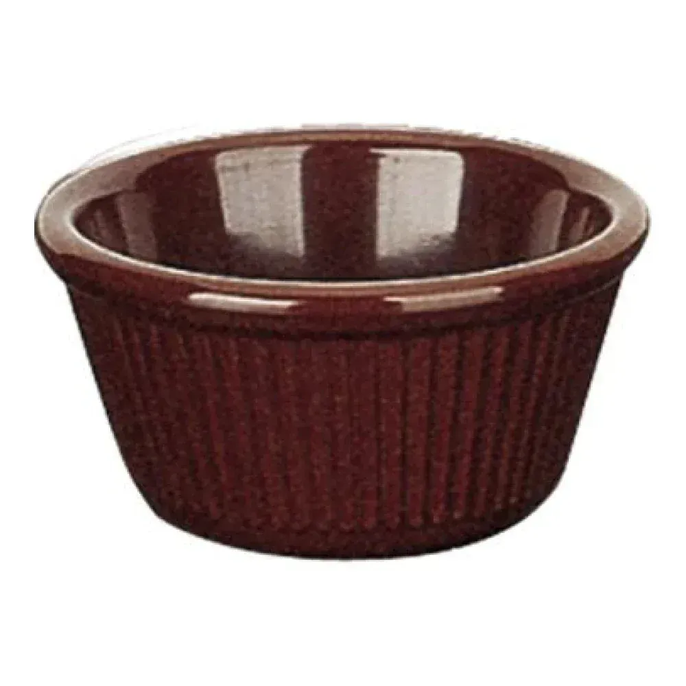 Yanco China rich brown fluted melamine ramekin for hotel dipping sauces, restaurant tapenade, and café desserts; stackable and space-saving