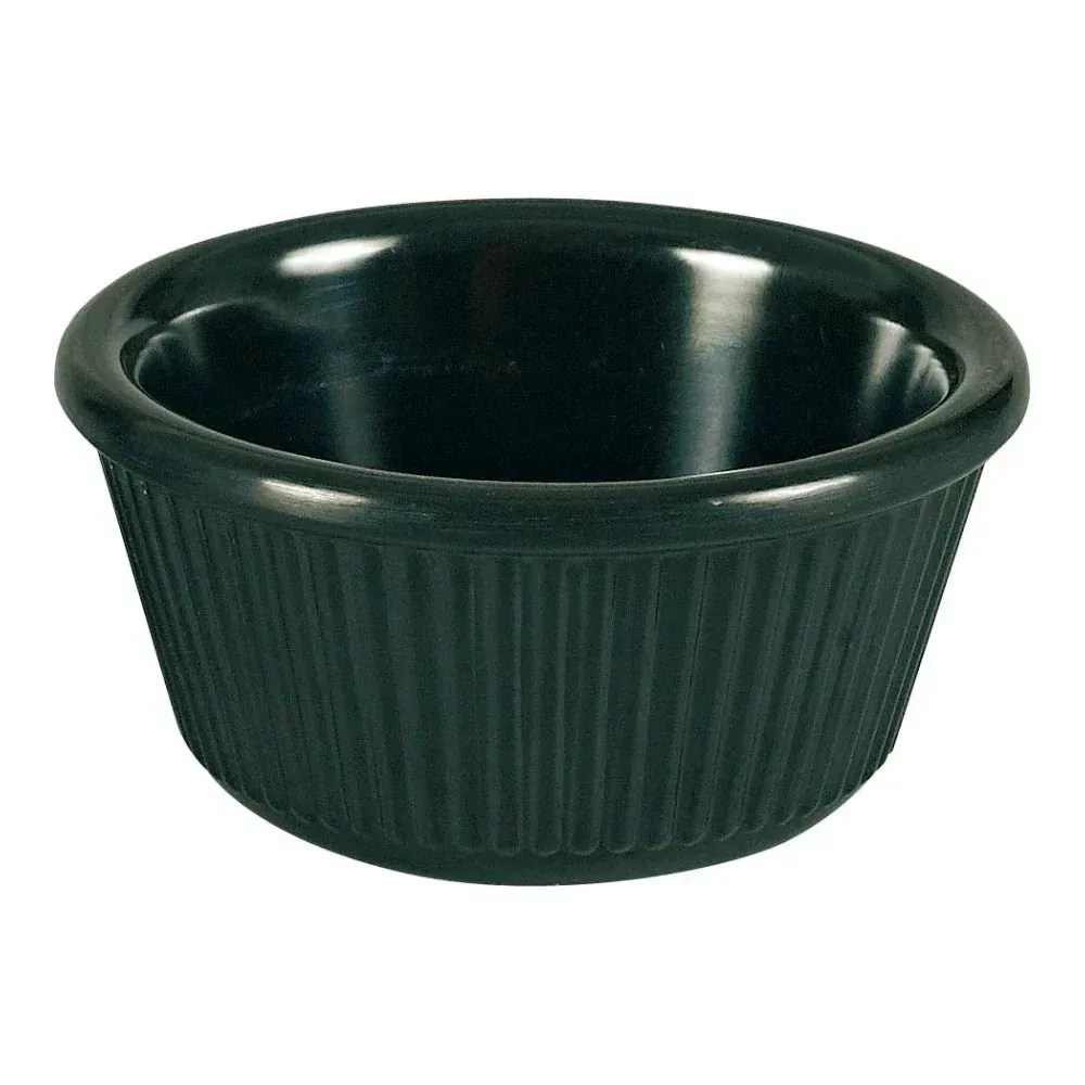 Yanco China sleek black fluted melamine ramekin for hotel salsa bars, restaurant spice rubs, and café toppings; durable, stackable design