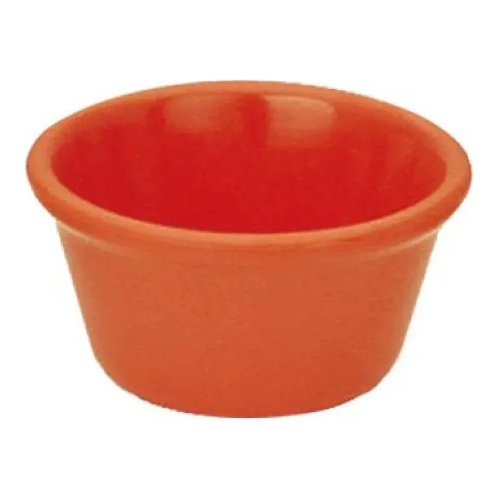 Yanco China orange-red melamine ramekin, offering bold presentation, ideal for sauces, dips, or condiments in lively restaurants and catering.