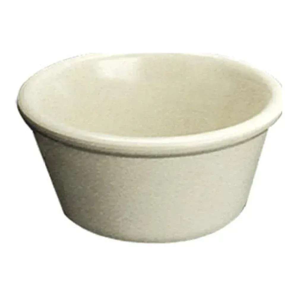 Yanco China white melamine ramekin with glossy finish, suitable for sauces, small sides, or condiments in commercial kitchens and catering.
